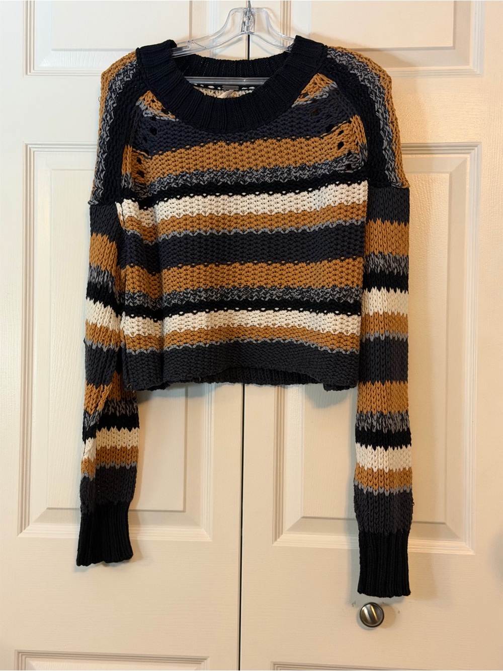 Altar'd State Striped Crewneck Sweater in Charcoal, Mustard & Cream
